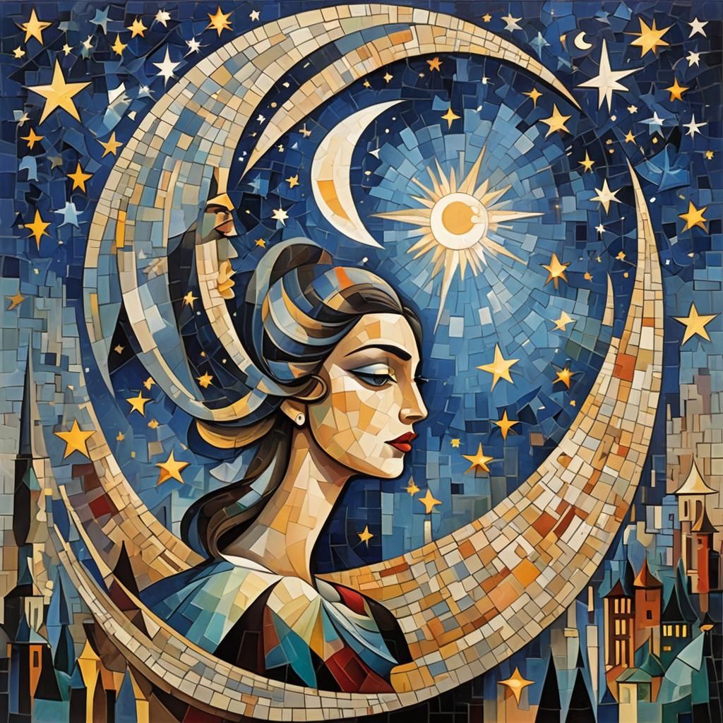Abstract Mosaic of Moon and Stars in Cubist Style