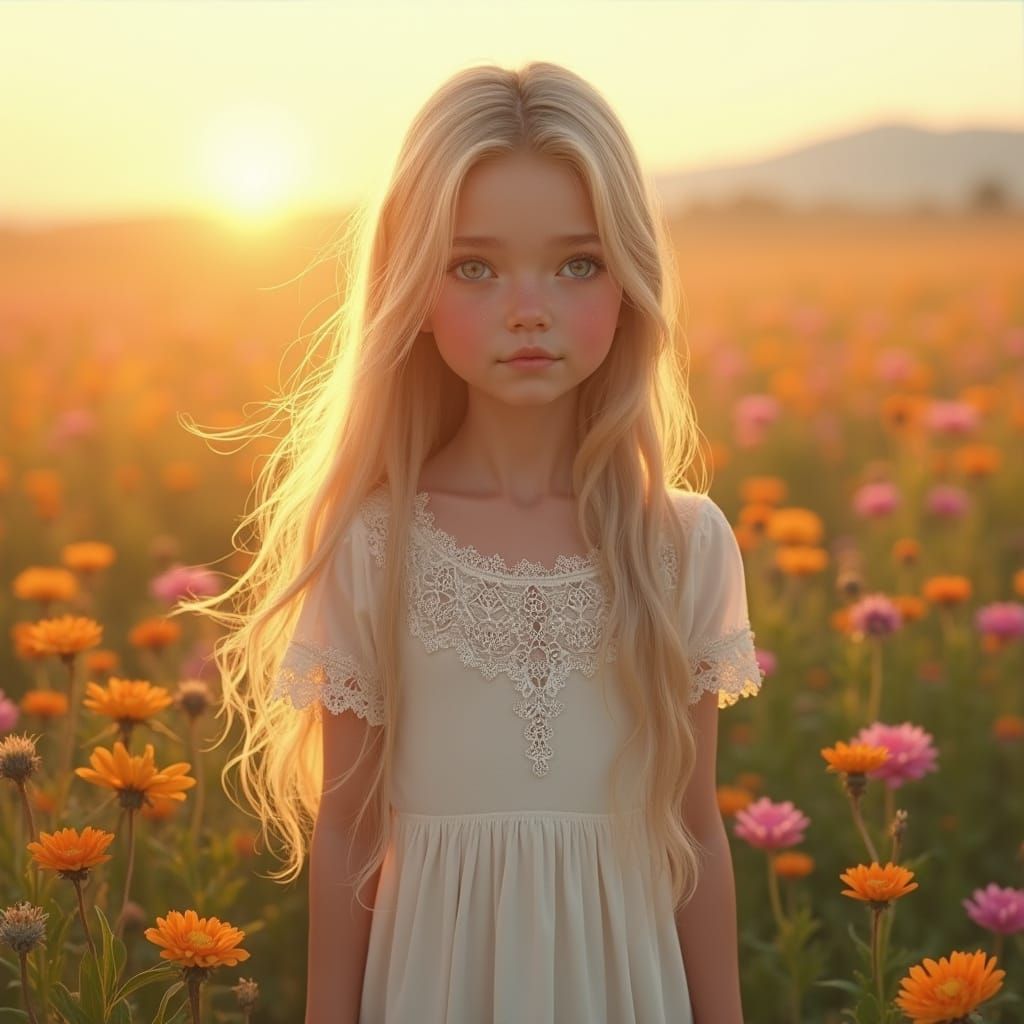 Eurasian Girl in Wildflower Field, Detailed 8K Render