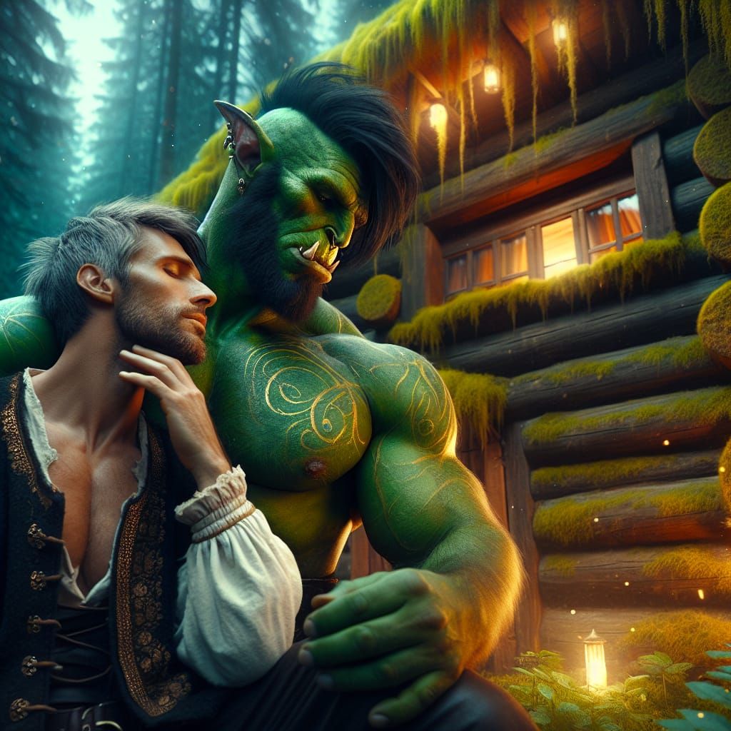 Tender Orc Embracing Companion in Enchanted Forest