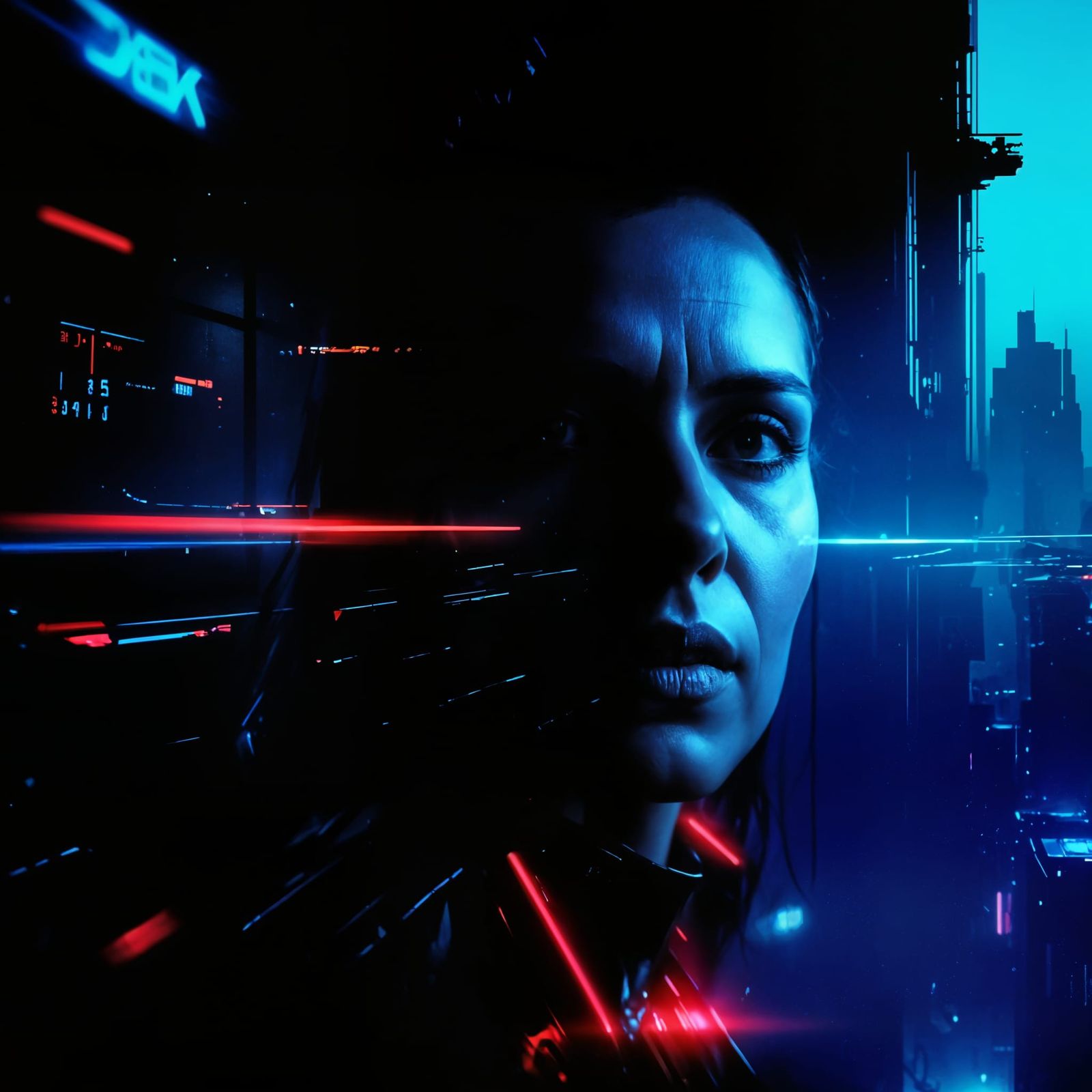 Cyberpunk Woman's Face in Neon Metropolis
