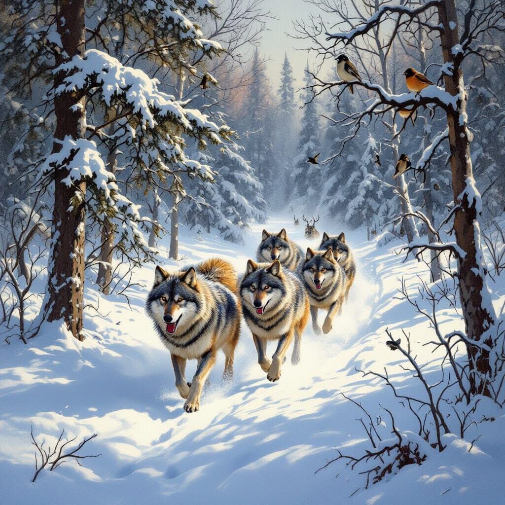 Wolf Pack Hunts Deer Through Snowy Woods in Winter Landscape