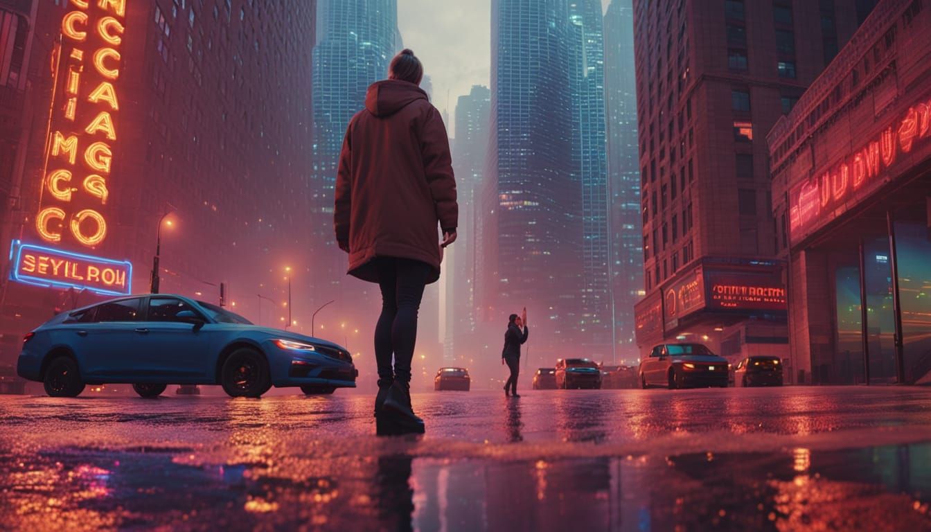 Chicago Person in Hyper-Realistic Neon Cityscape