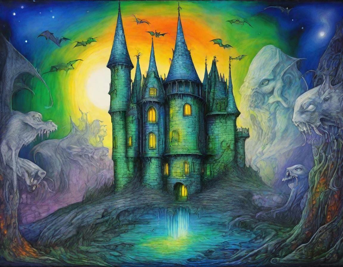 Medieval Castle in Surrealist Charcoal Drawing