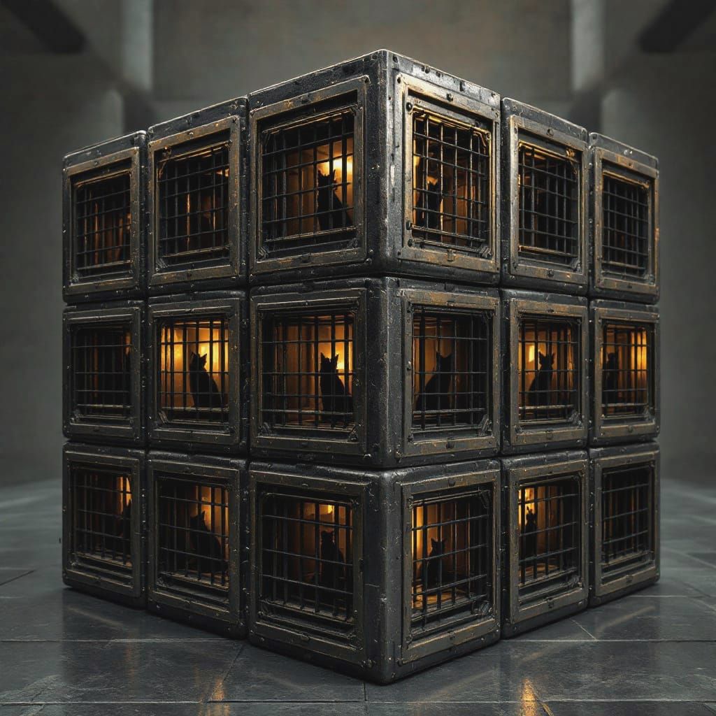 Dystopian Rubik's Cube Jail with Shadowed Inhabitants