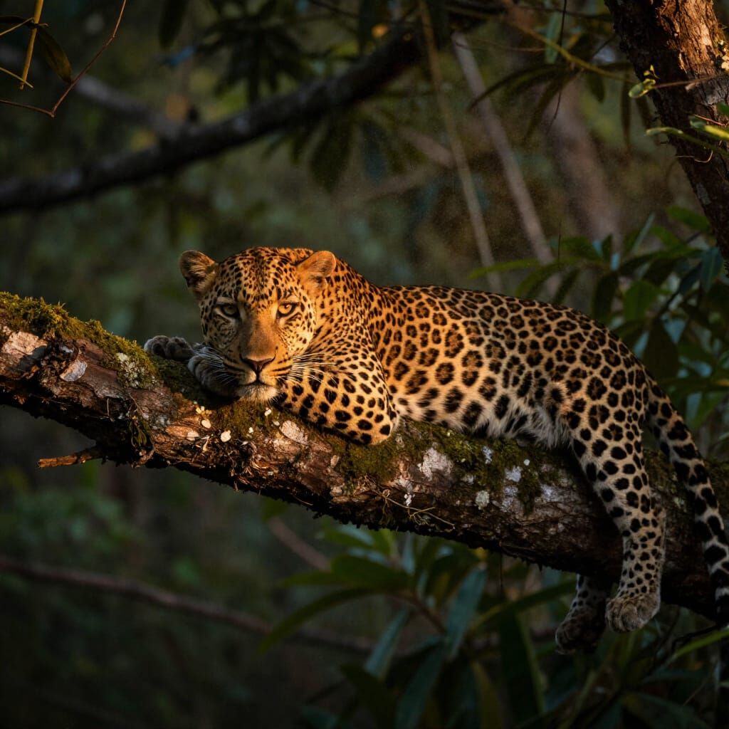 Leopard Resting on Branch at Dusk