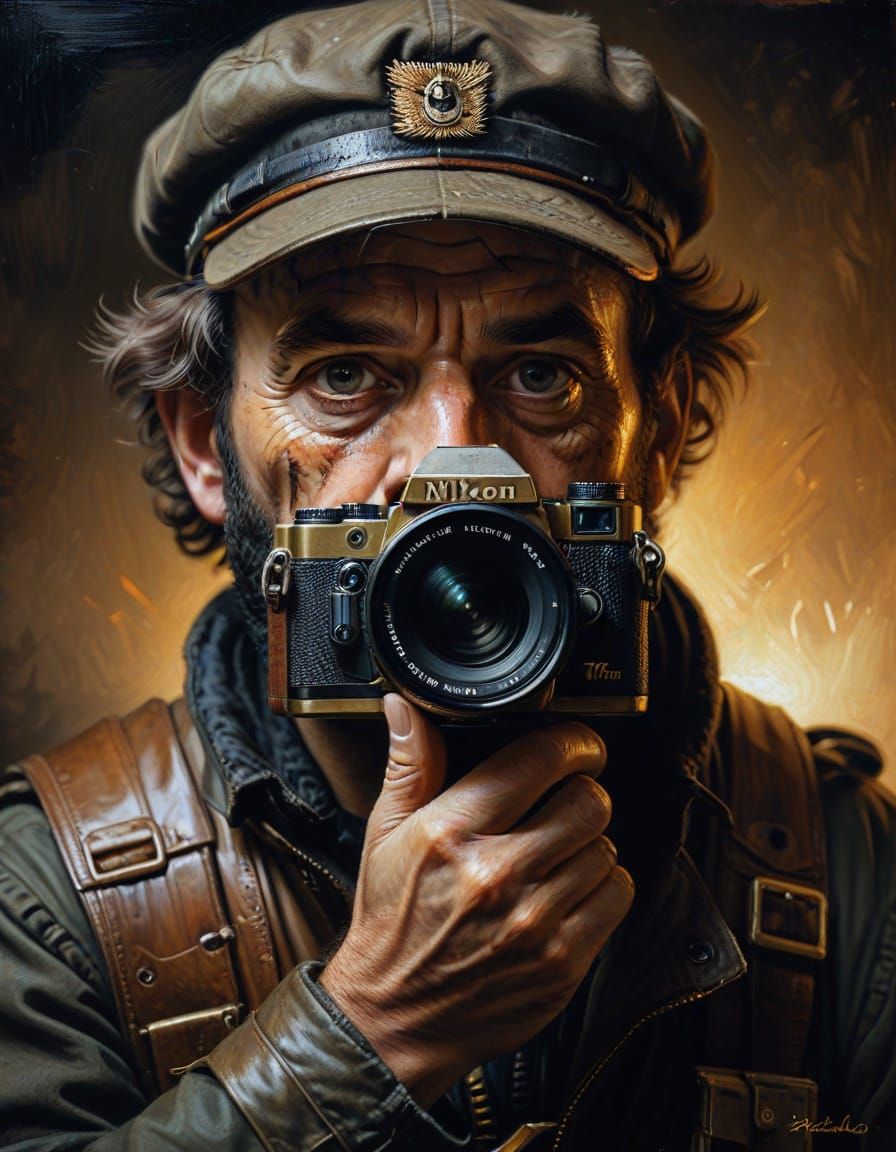 War Photographer Portrait in Rembrandt Style Oil Painting