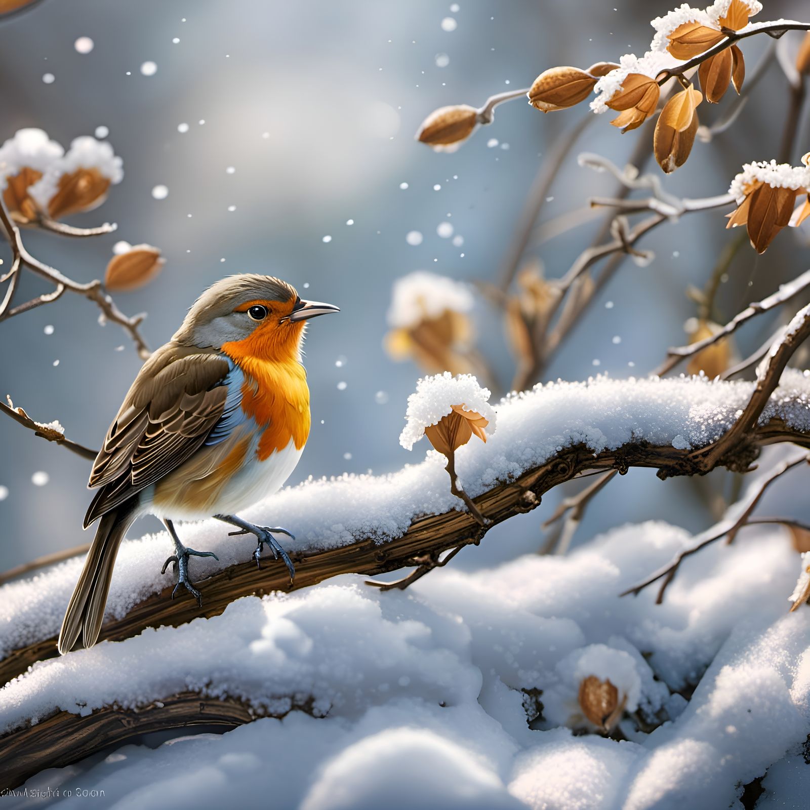 Robin Watching Over Spring Flowers, Photorealistic Digital A...