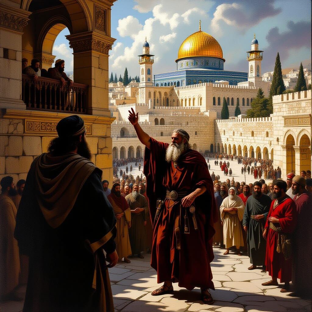 Prophet Denounces King in Jerusalem Courtyard Painting