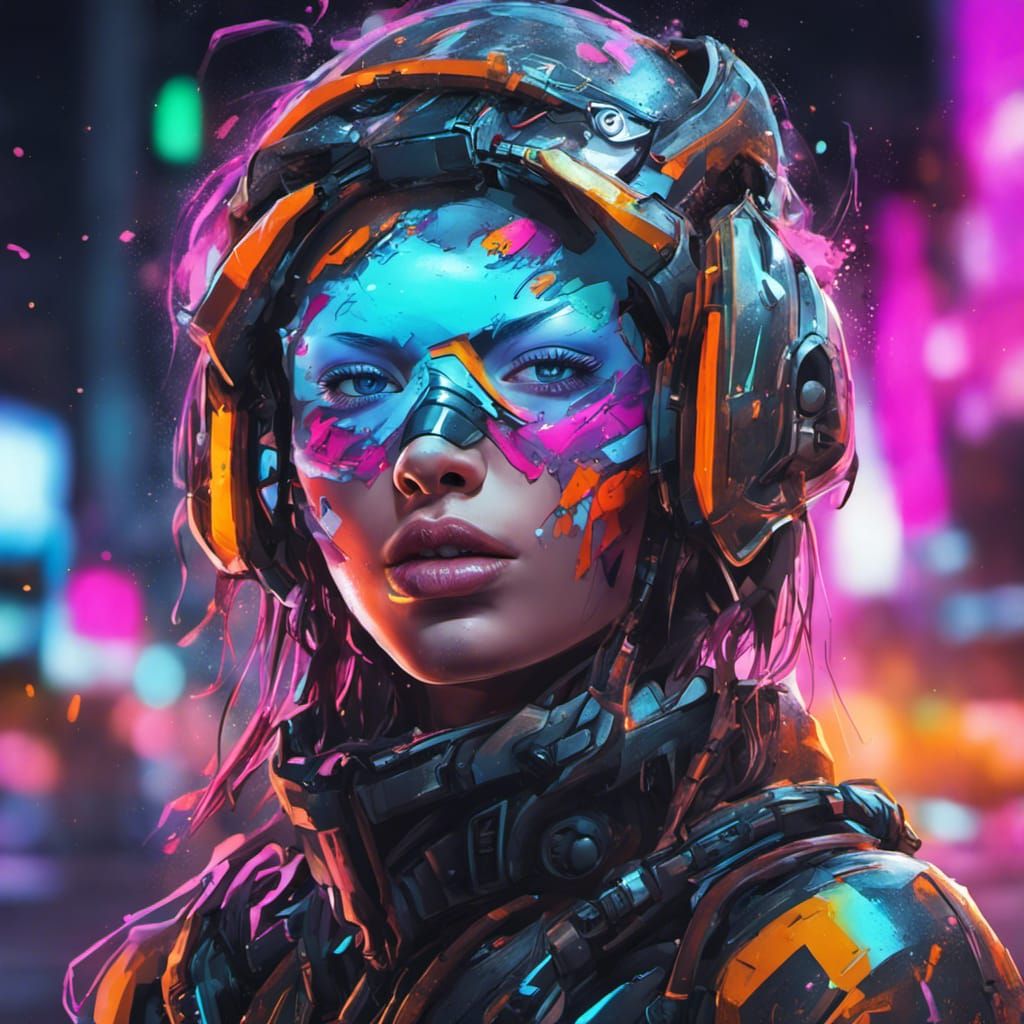 Cyborg Girl in Neon City: Futuristic Graffiti Art
