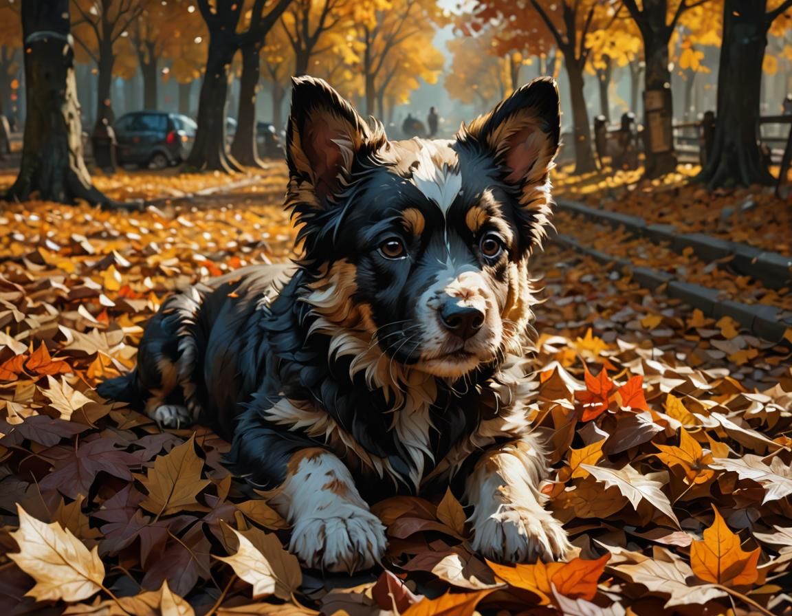 Puppy in Autumn Leaves: Dramatic Digital Art