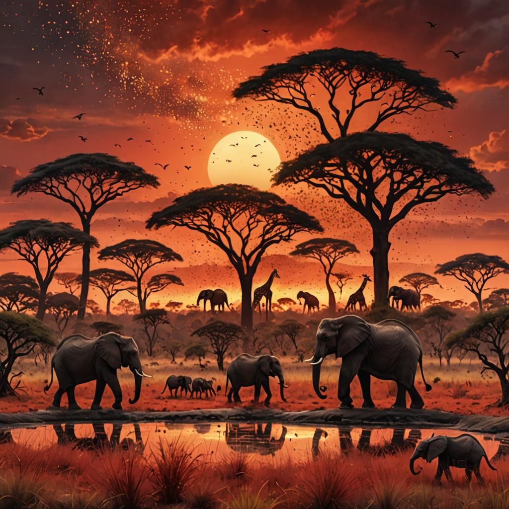African Sunset Landscape with Shaman Silhouette