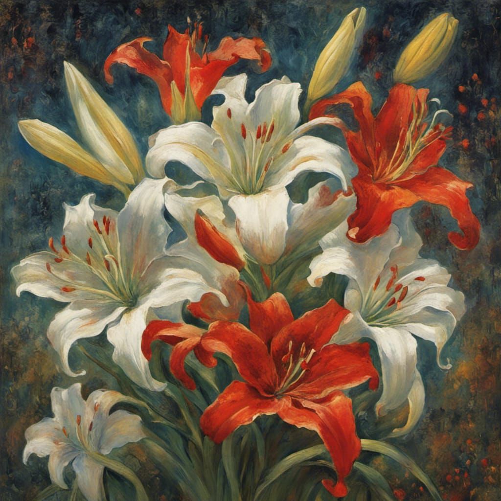 Intricate Lily Flowers in Dramatic Digital Painting