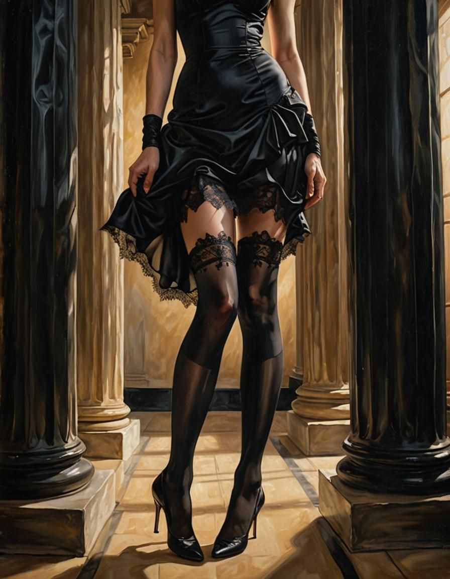 Surreal Woman Between Pillars in Chiaroscuro Lighting