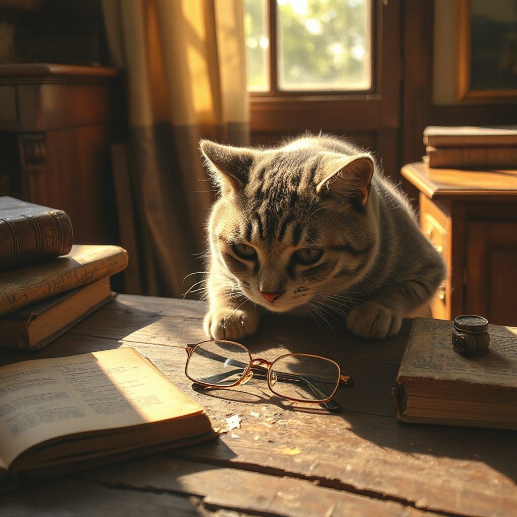 Curious Cat and Reading Glasses: Vintage Illustration