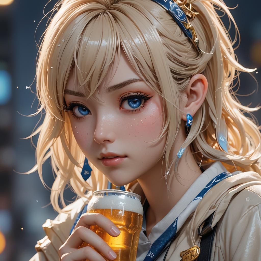 Hyper-Realistic 3D Anime Girl Drinking Beer