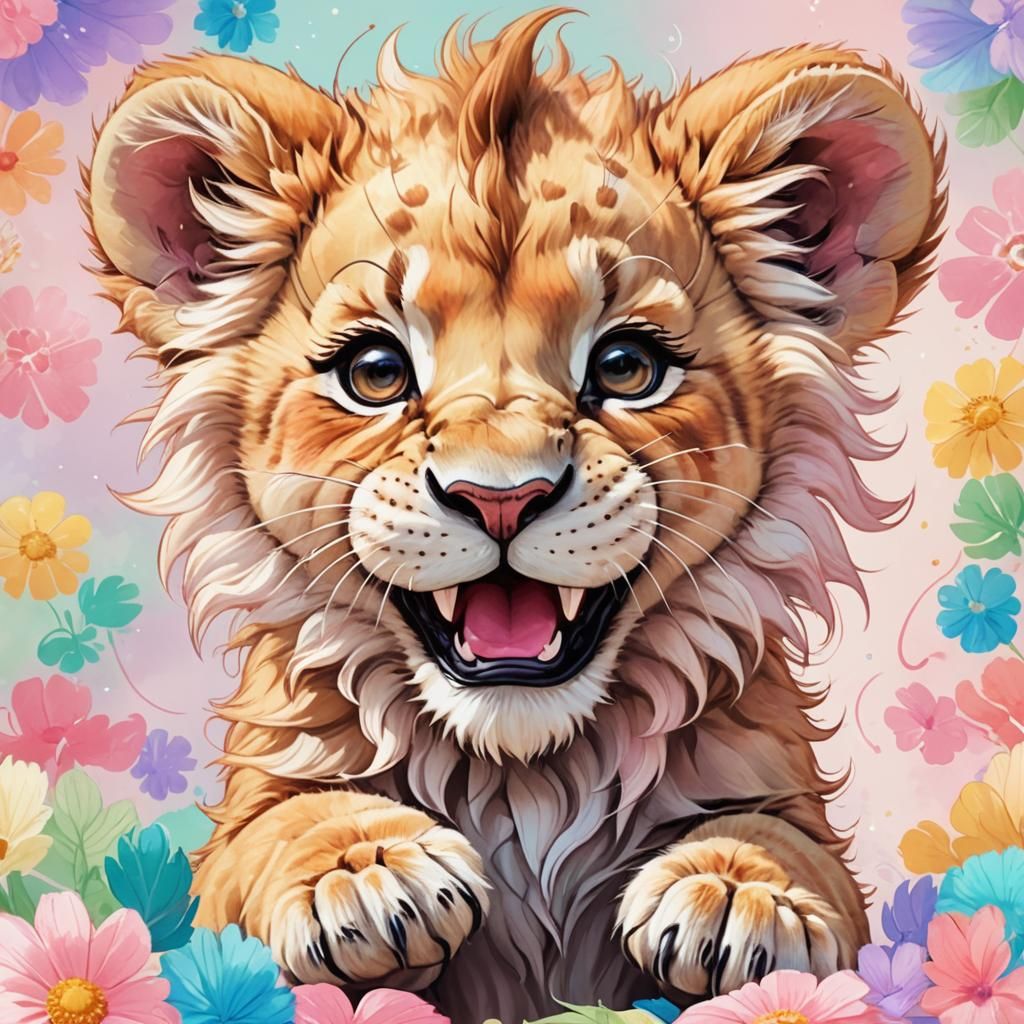 Smiling Lion Cub Portrait in Pastel Anime Style