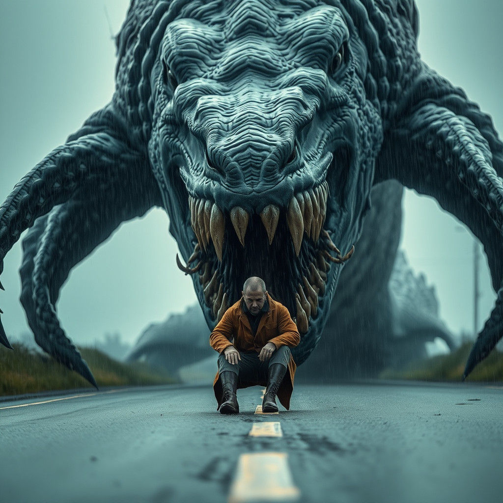 Gargantuan Sea Monster Looms Over Lonely Figure on Rainy Roa...