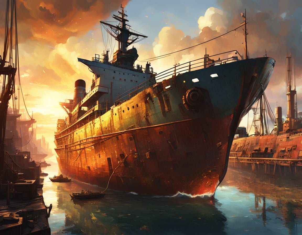 Golden Light on Ship in Port: Oil Painting