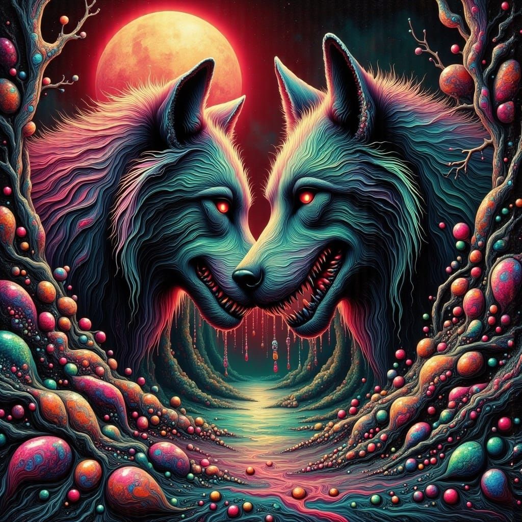 Surreal Xenon Wolves in Midnight Landscape with Chromatic Bi...