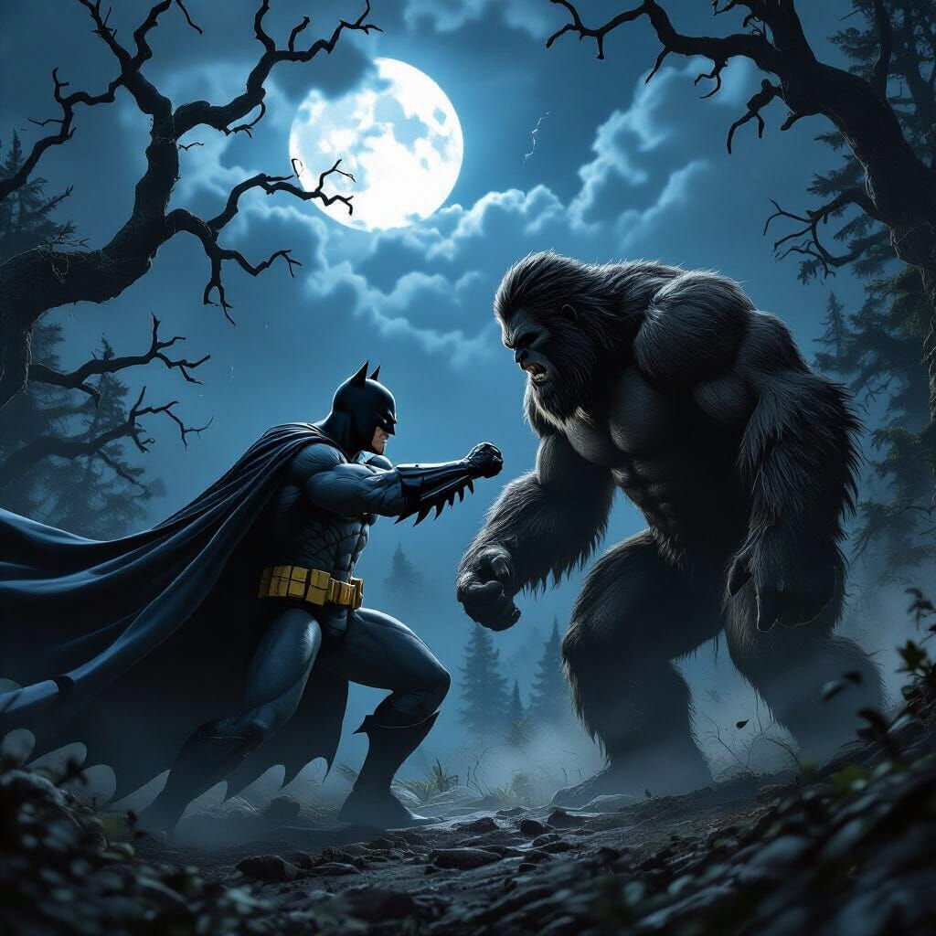 Batman Battles Bigfoot in Stormy Forest Digital Painting