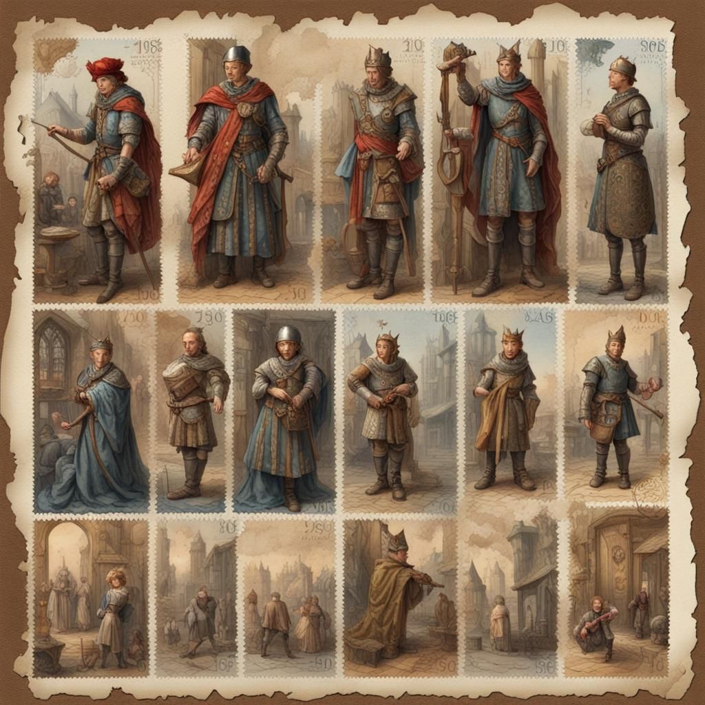 Medieval Character Postage Stamps in Watercolor Style