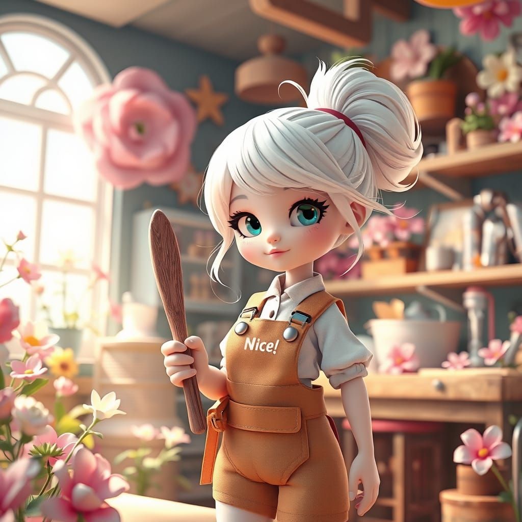 Whimsical CyberDoll Mechanic in Fantastical Workshop