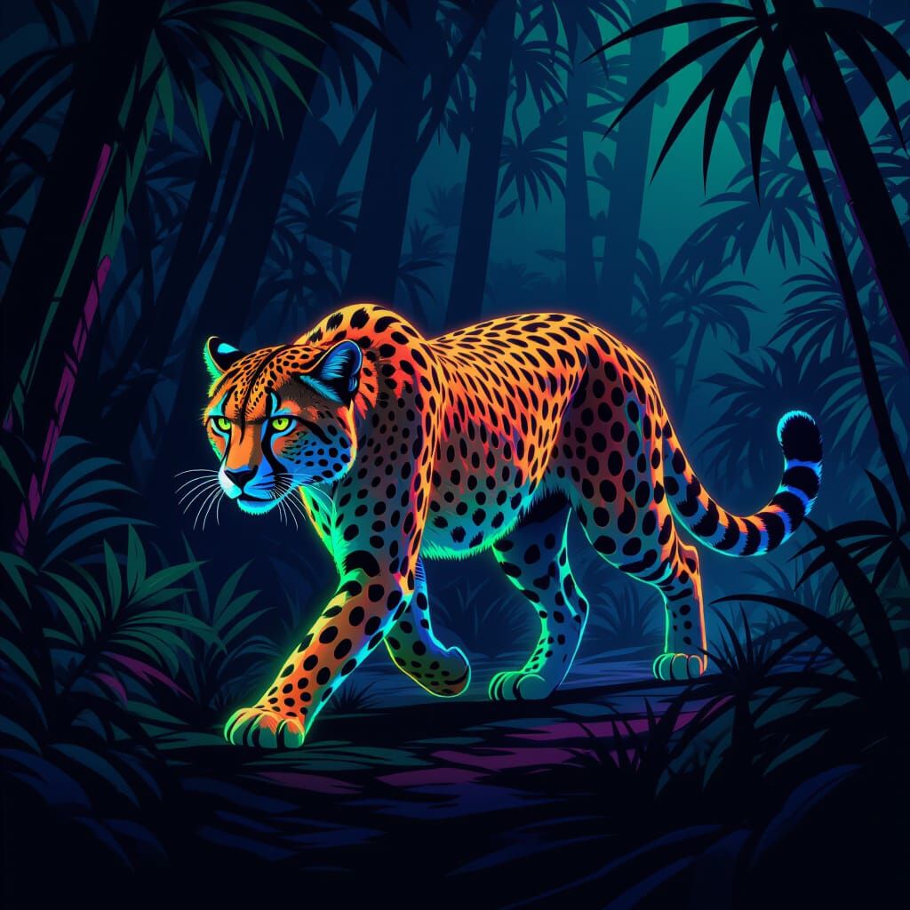 Neon Cheetah in Futuristic Jungle, Cyberpunk Style