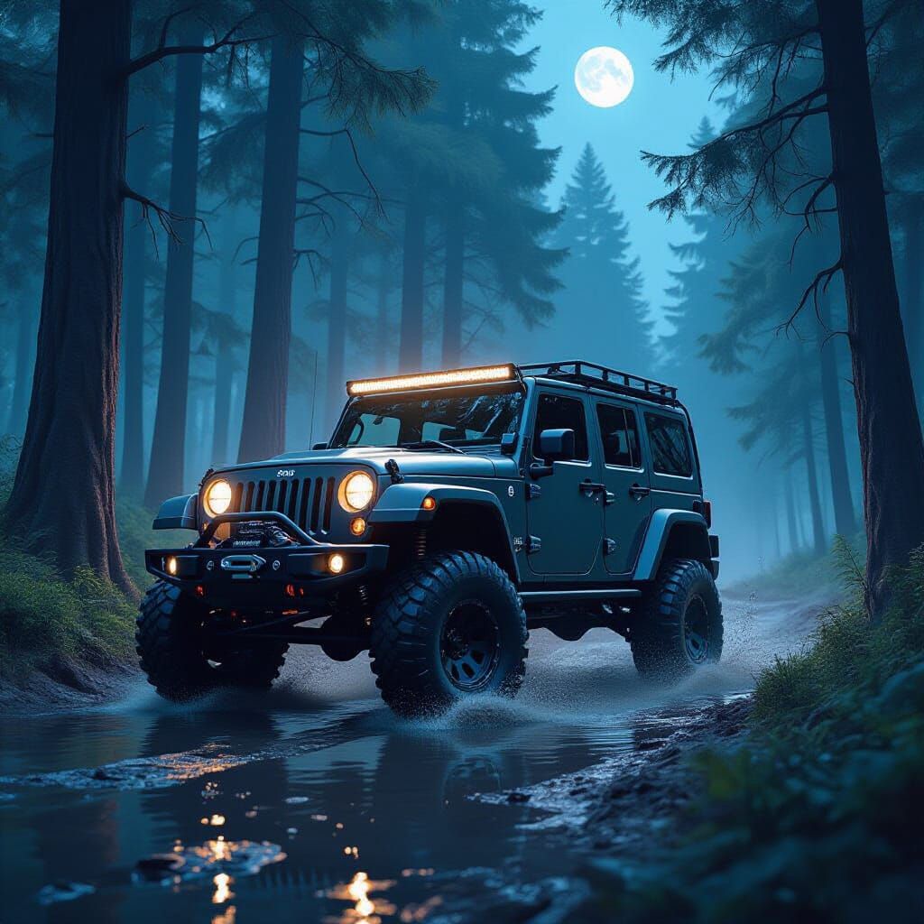 Futuristic Jeep-Hummer Hybrid on Forest Trail