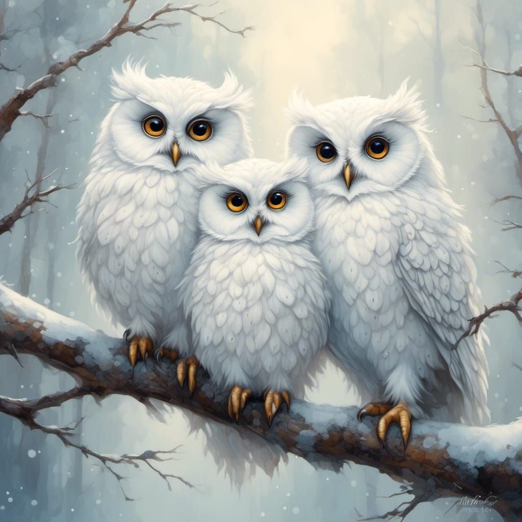 Three Cute White Owls on Misty Branch