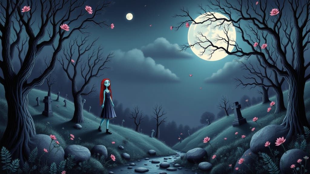 Sally in Graveyard Under Full Moon