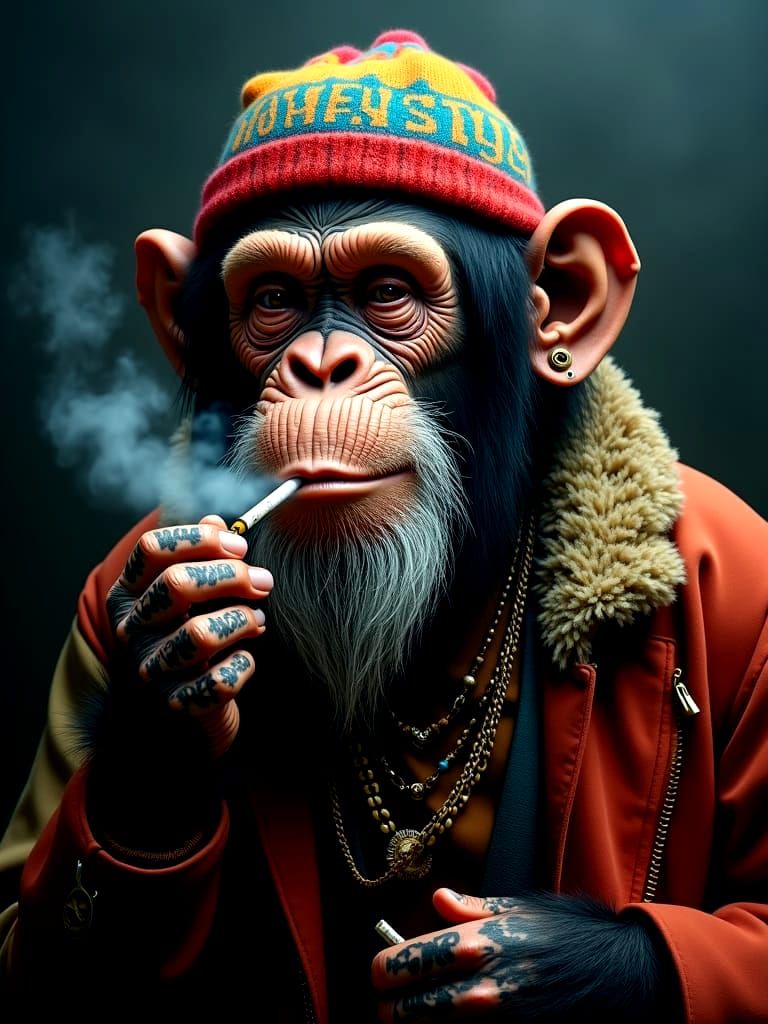 Hyperrealistic Elderly Chimp Smoking a Joint