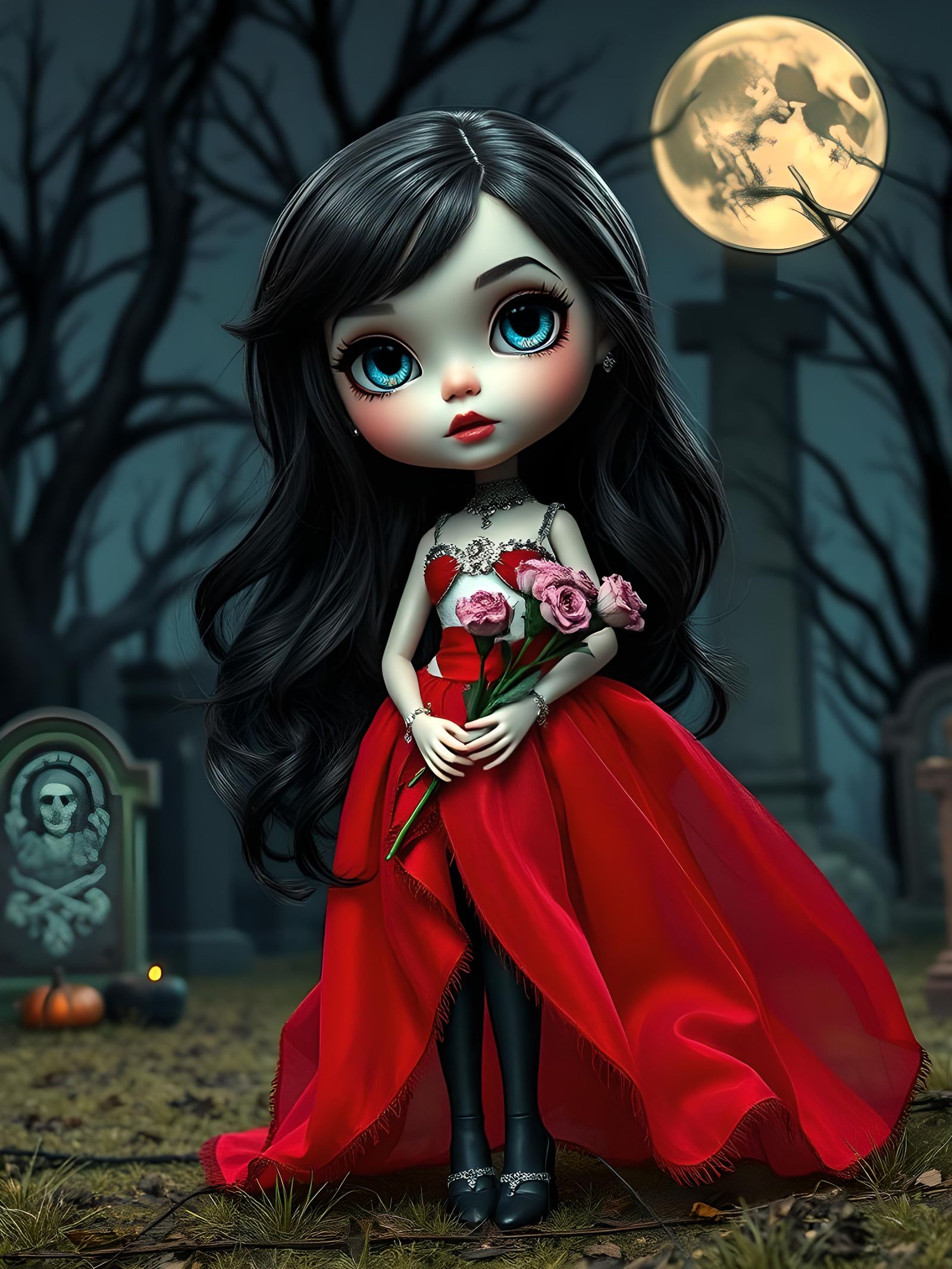 Elegant Spooky BJD Doll in Cemetery at Night