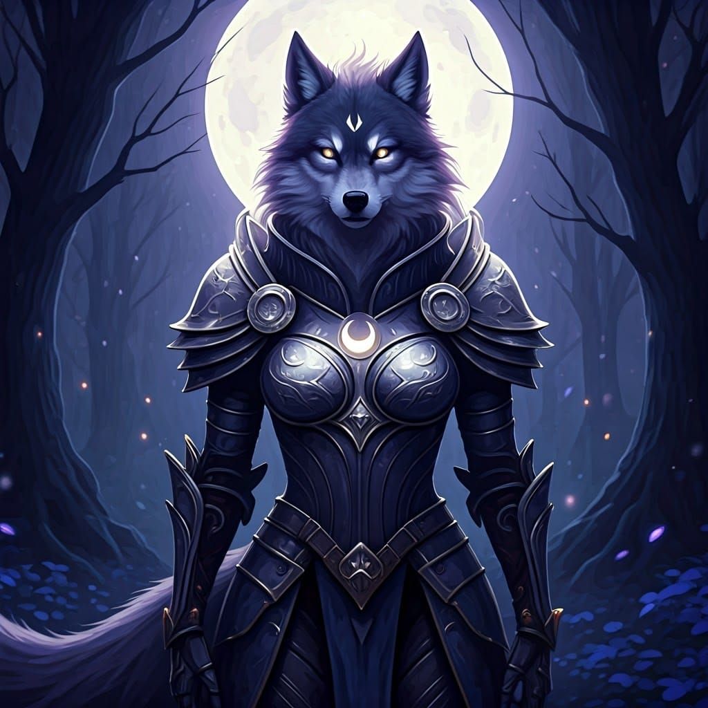Majestic She-Wolf Warrior in Moonlit Forest