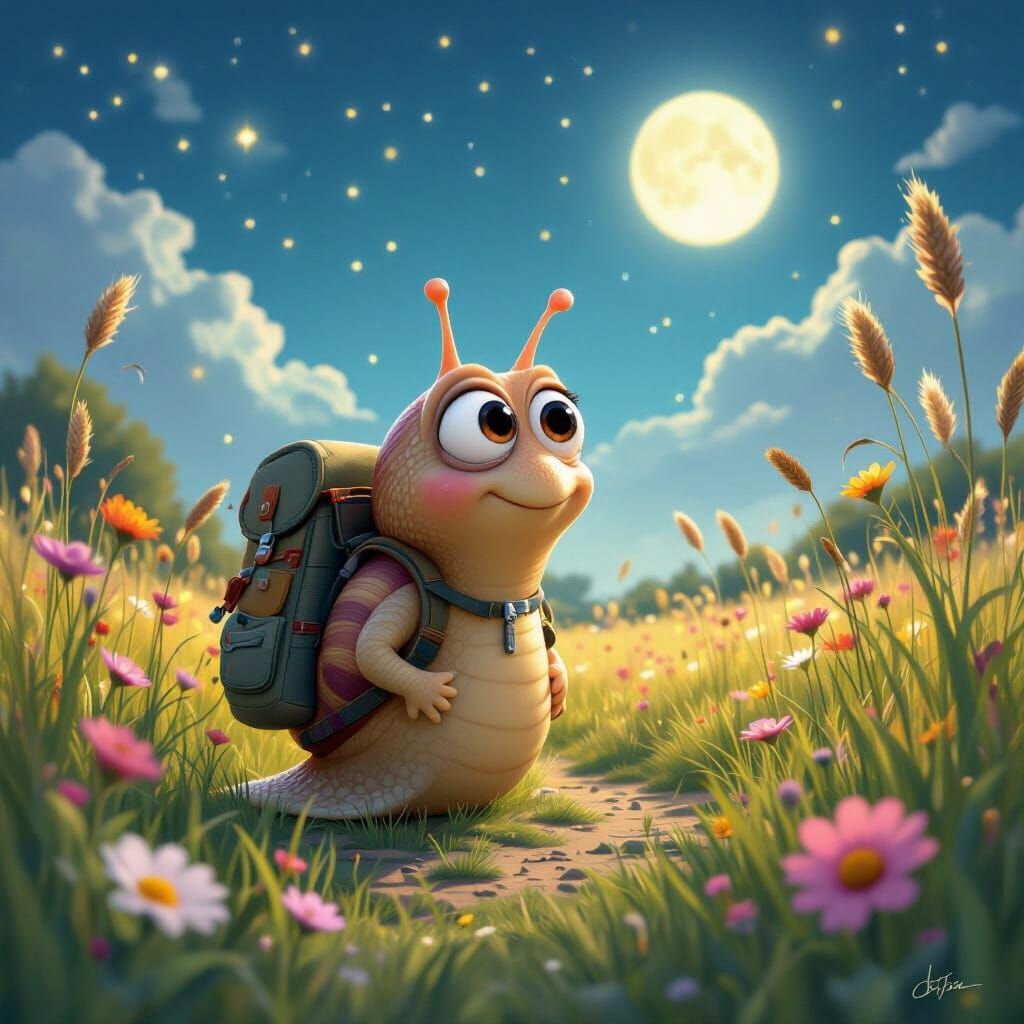 Anthropomorphic Snail Explorer in Pixar-Inspired Dreamscape