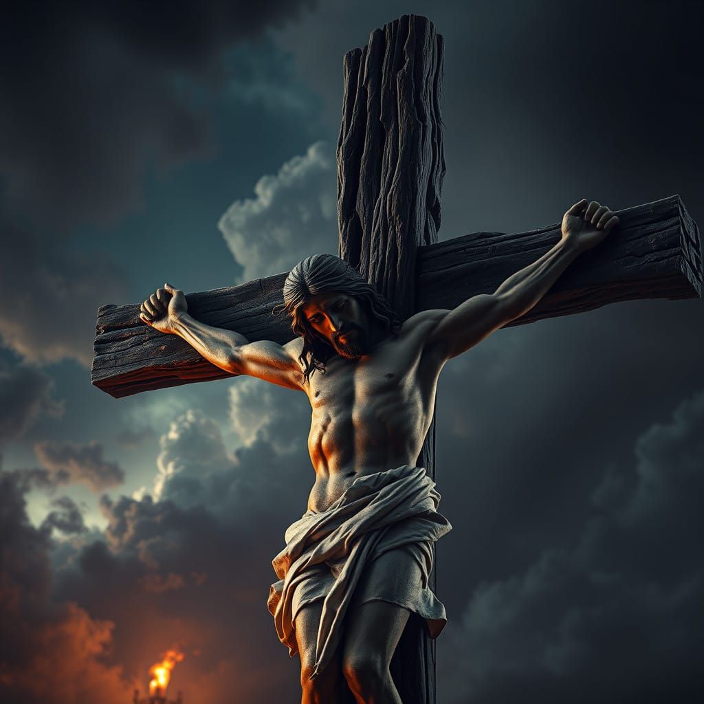 Sorrowful Messiah on Ancient Wooden Cross