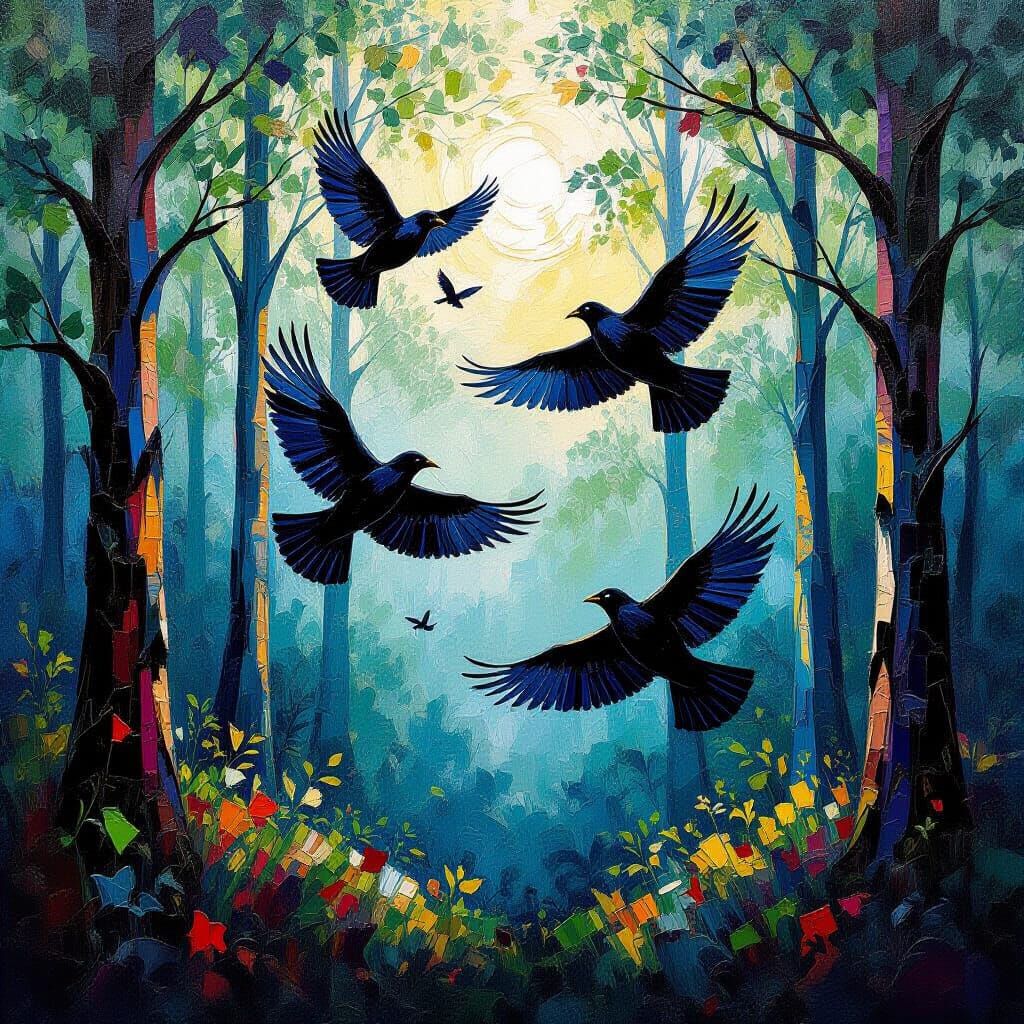 Ravens Soaring Through Forest in Neo-Impressionist Style