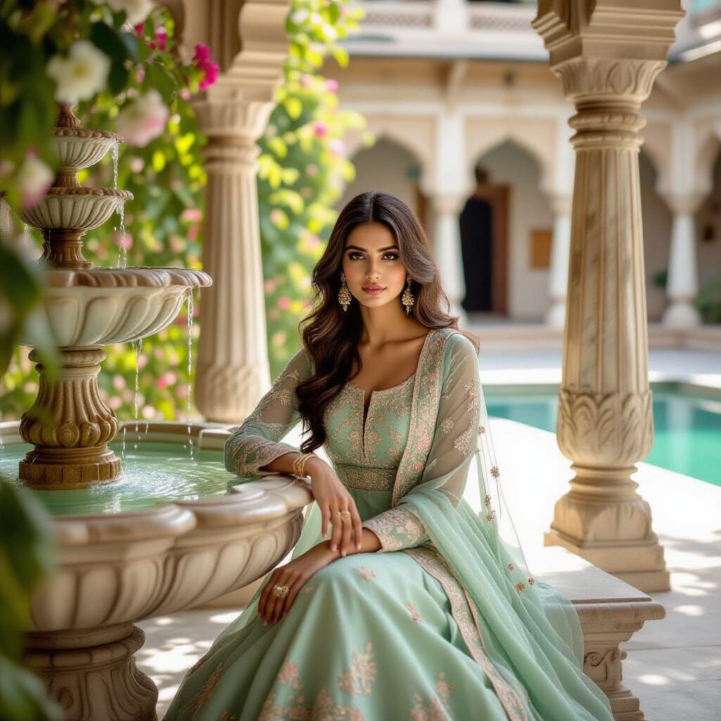 Indian Model at Palace Fountain in Photorealistic Style