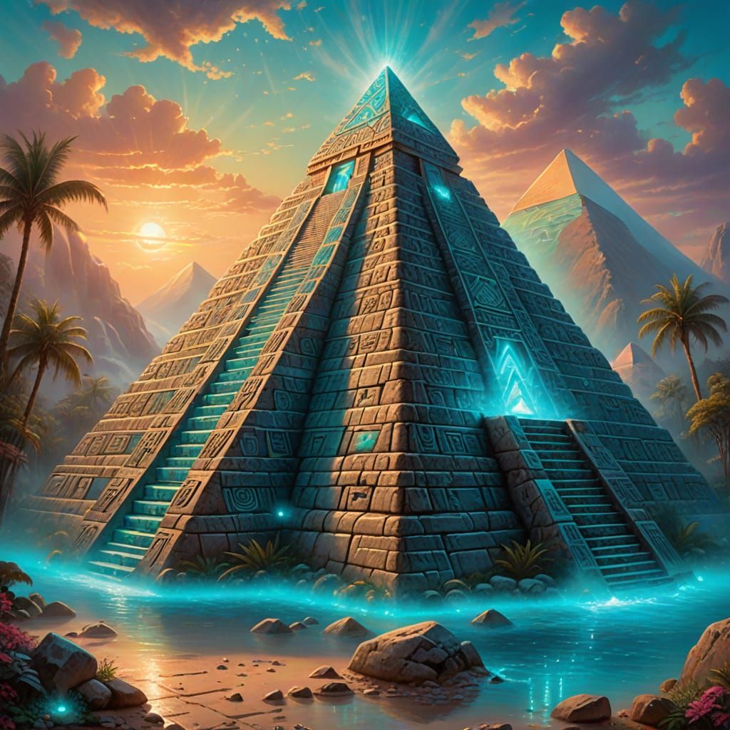 Turquoise Aztec Pyramid in Ethereal Thomas Kinkade Style