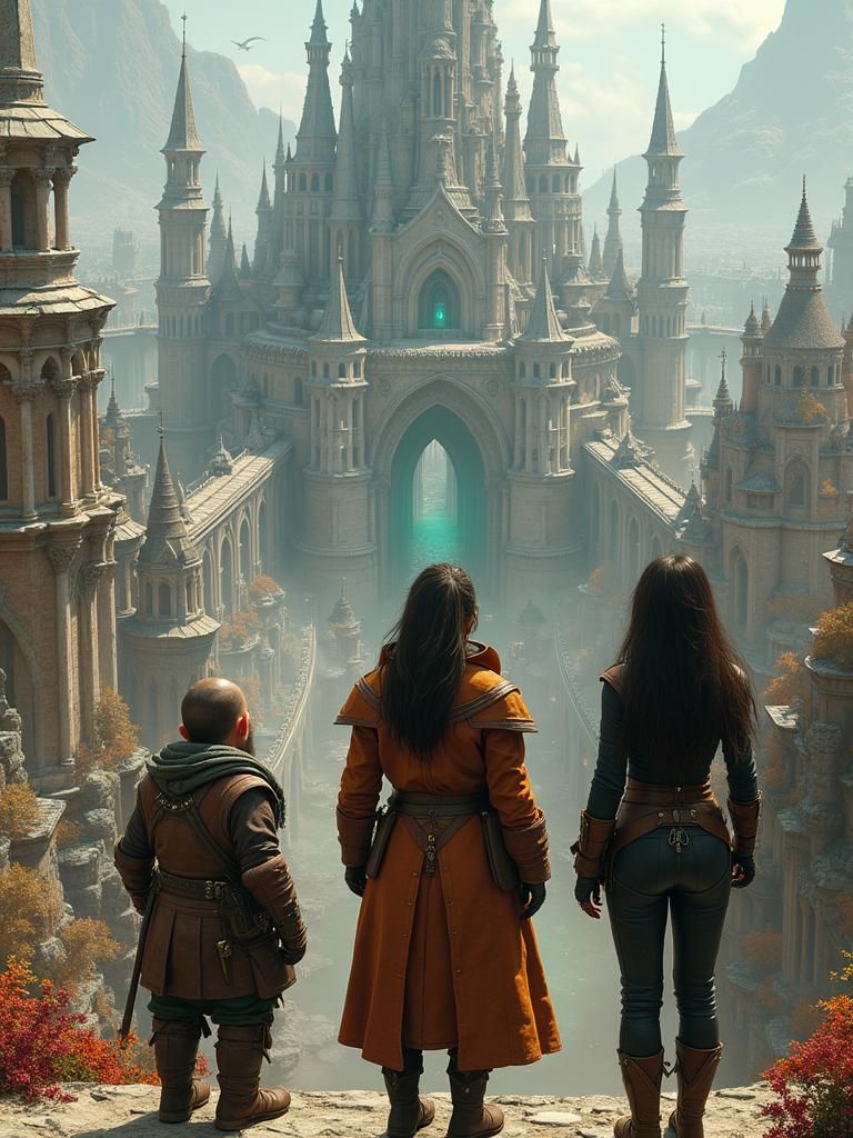 Fantasy Cityscape with Adventurers in Matte Painting Style