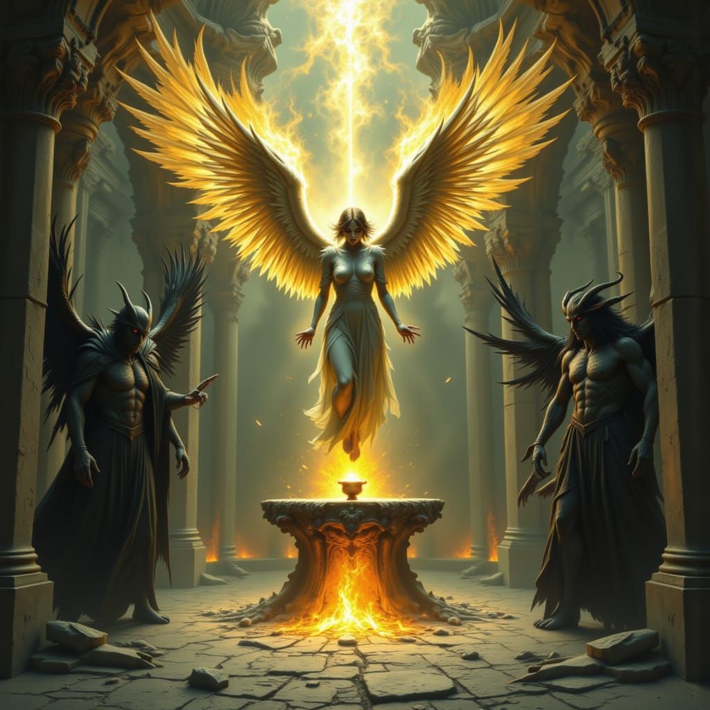Angel and Demon Clash at Sacred Altar