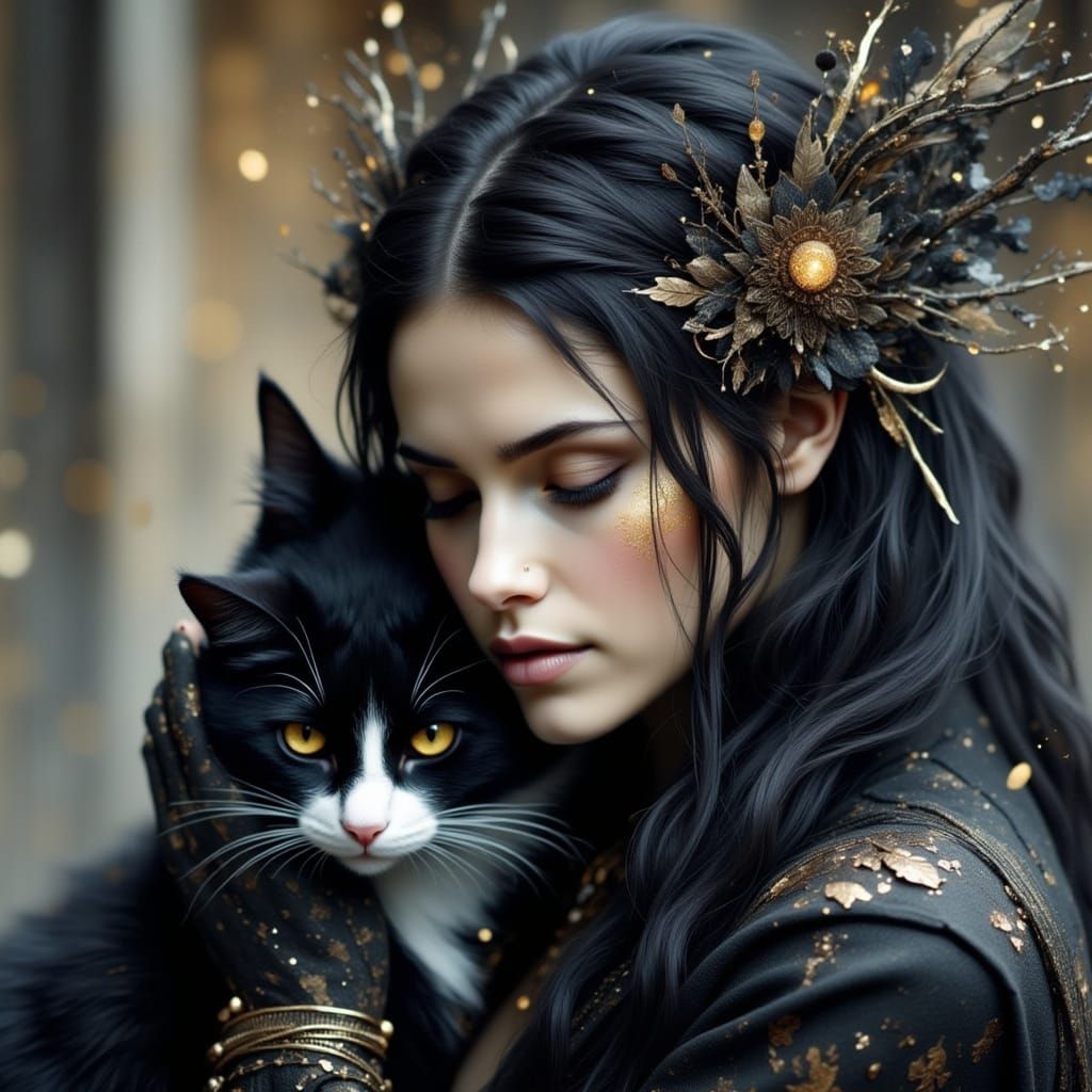 Ethereal Woman with Cat in Art Nouveau Cathedral