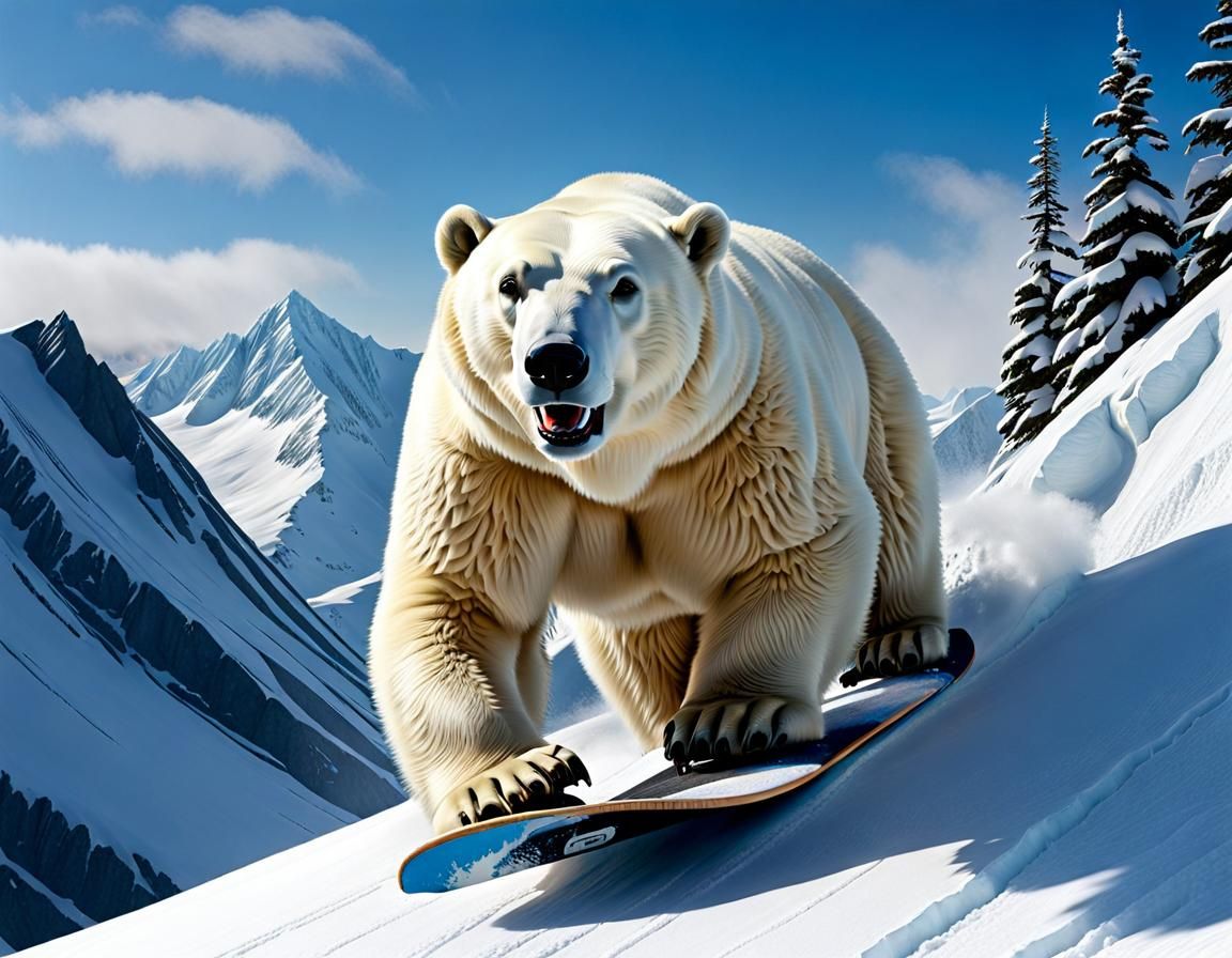 Polar Bear Snowboarding in Chiaroscuro Style