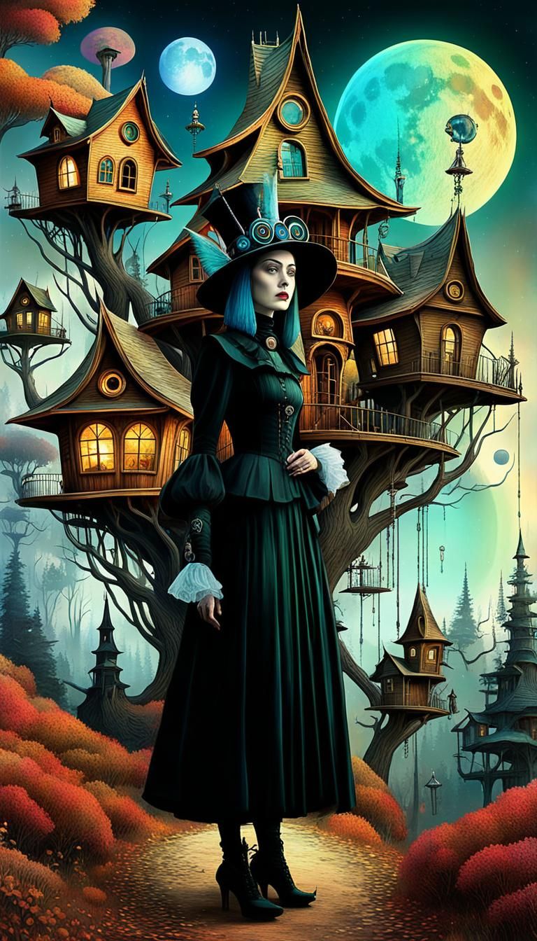 Neo-Victorian Woman in Surreal Autumn Treehouse Village