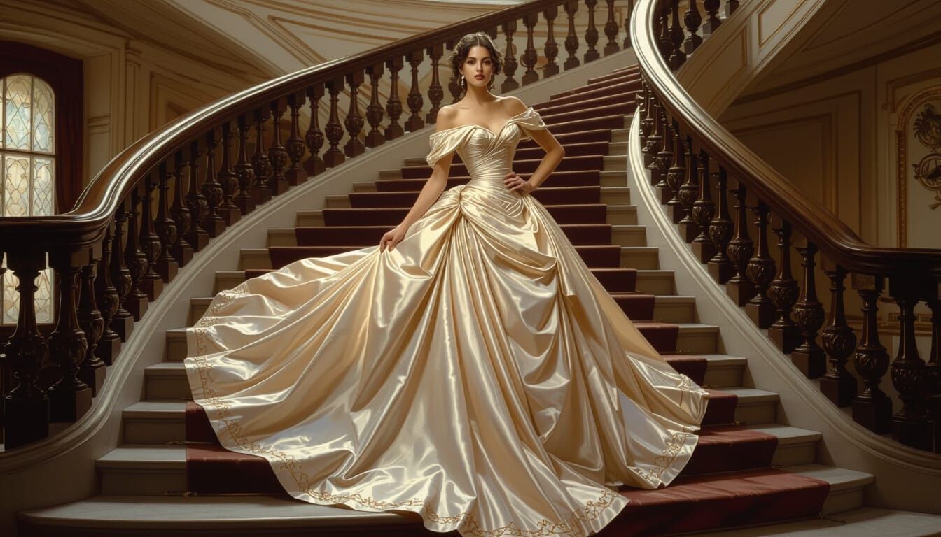 Elegant Woman in 1860s Silk Gown on Grand Staircase