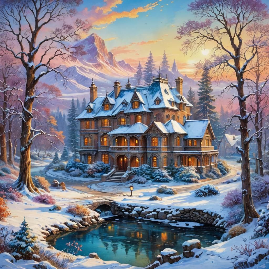 Vintage mansion house winter with snow Scape sunrise landscape Fantasycore Stylized splashy Watercolor by Waterhouse...