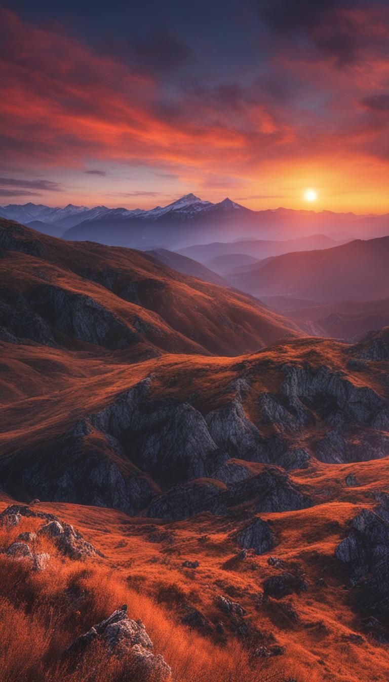 Breathtaking and Spooky Sunset Over Mountain Landscape