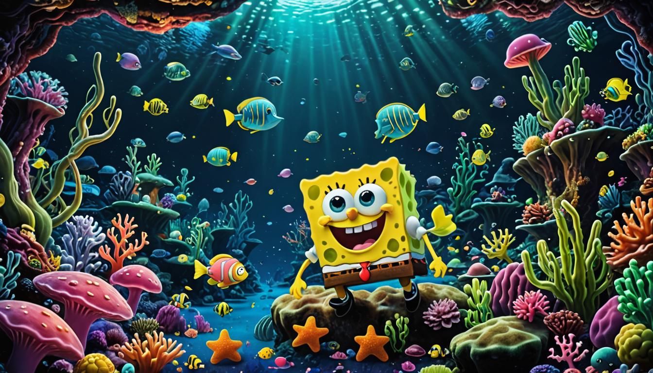 Bioluminescent Ocean Ecosystem with SpongeBob and Patrick