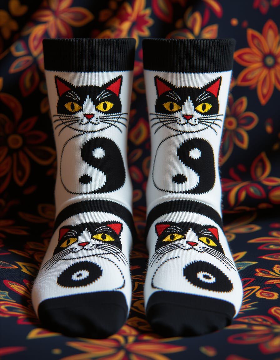 Cat Yin Yang Socks in Cinematic Style