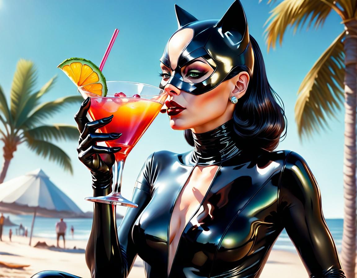 Catwoman Sipping a Cocktail in Hyperrealistic Splash Art