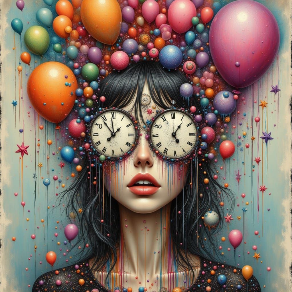 Surreal Woman with Melting Clocks and Balloons